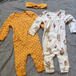 SOLD Bundle of autumn rompers and matching headband Carters 6 mth mustard yellow